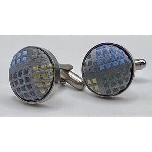 Vintage Mens Fabric Top Cufflinks Silver Tone Woven Silk Look Pattern